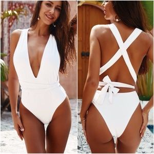 Boho White plunging neckline wrap tie monokini One Piece Swim Beach